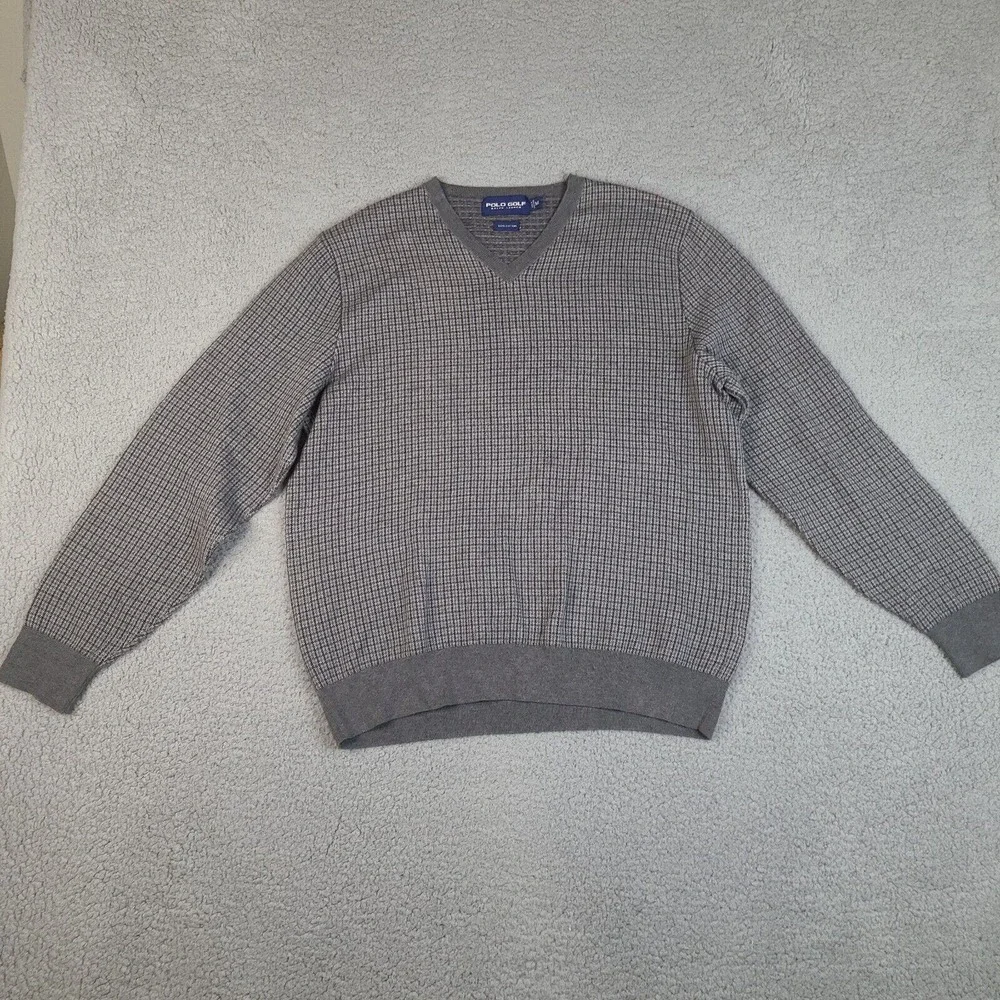 Polo Golf Ralph Lauren Sweater Mens Medium Gray V Neck‎ Knit Cotton Geometric